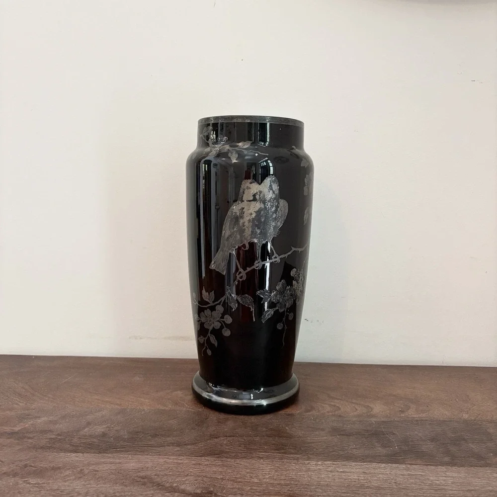Vintage Czech Black Glass Etched Vase Birds Floral Art Deco Style Slovakia 10" - Picture 11 of 12